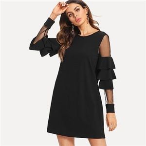 Ruffle Tiered Sleeve Black Work Dress Mesh Large